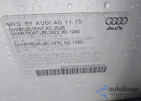 2011 Audi Q5 3.2 Premium Plus z USA, uszkodzony, nr VIN WA1DKAFP9BA050019